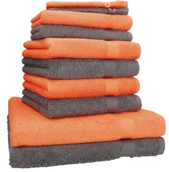 Betz Lot de 10 serviettes set de 2 serviettes de bain 4 serviettes de toilette 2 serviettes d'invité et 2 gants de toilette 100% Coton Premium couleur orange, gris anthracite