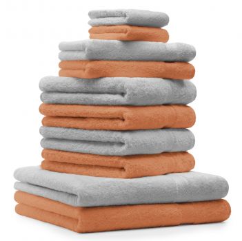 Betz Lot de 10 serviettes set de 2 serviettes de bain 4 serviettes de toilette 2 serviettes d'invité et 2 gants de toilette 100% Coton Premium couleur orange, gris argenté