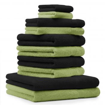 Betz 10 Piece Towel Set PREMIUM 100% Cotton 2 Wash Mitts 2 Guest Towels 4 Hand Towels 2 Bath Towels Colour: apple green & black