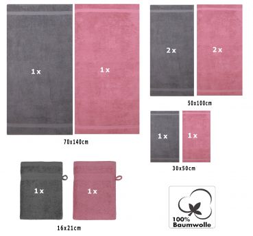 Juego de toalla "PREMIUM" de diez piezas, color: rosa y gris antracita, calidad 470g/m², 2 toallas de baño (70x140cm), 4 toallas (50x100cm), 2 toallas de visitas (30x50cm), 2 manoplas de baño (17x21cm)