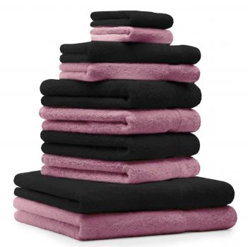 Juego de toalla "PREMIUM" de diez piezas, color: rosa y negro, calidad 470g/m², 2 toallas de baño (70x140cm), 4 toallas (50x100cm), 2 toallas de visitas (30x50cm), 2 manoplas de baño (17x21cm)