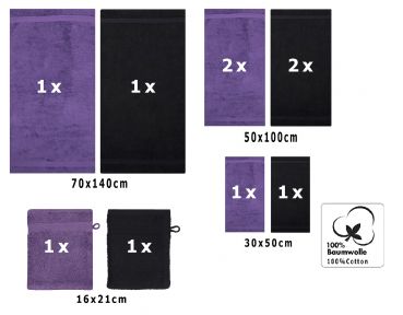 Lot de 10 serviettes Premium noir et violet, 2 serviettes de bain, 4 serviettes de toilette, 2 serviettes d'invité et 2 gants de toilette de Betz