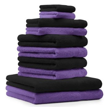 Betz 10 Piece Towel Set PREMIUM 100% Cotton 2 Wash Mitts 2 Guest Towels 4 Hand Towels 2 Bath Towels Colour: black & purple