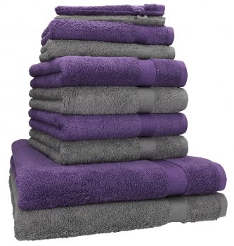 Betz 10 Piece Towel Set PREMIUM 100% Cotton 2 Wash Mitts 2 Guest Towels 4 Hand Towels 2 Bath Towels Colour: anthracite grey & purple