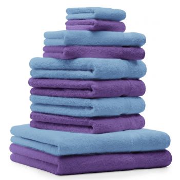 Betz Set di 10 asciugamani Premium 2 asciugamani da doccia 4 asciugamani 2 asciugamani per ospiti 2 guanti da bagno 100% cotone colore azzurro e lilla