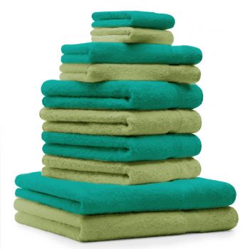 Betz 10-tlg. Handtuch-Set PREMIUM 100%Baumwolle 2 Duschtücher 4 Handtücher 2 Gästetücher 2 Waschhandschuhe Farbe Smaragd Grün & Apfel Grün