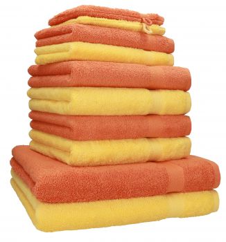 10-Pcs. Juego toallas "Premium", de color melocoton (peach) y amarillo ,2 toallas de baño , 4 toallas de mano , 2 toallas de invitados, 2 manoplas