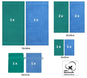 Betz 10 Piece Towel Set PREMIUM 100% Cotton 2 Wash Mitts 2 Guest Towels 4 Hand Towels 2 Bath Towels Colour: emerald green & light blue