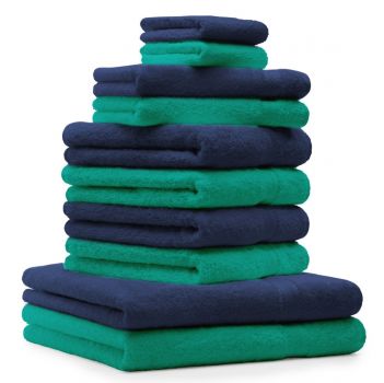 10-tlg. Handtuchset "Premium" smaragd-grün & dunkelblau 2 Duschtücher, 4 Handtücher, 2 Gästetücher, 2 Waschhandschuhe *kostenlose Lieferung*