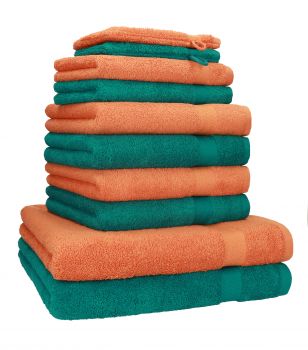 Betz Set di 10 asciugamani Premium 2 asciugamani da doccia 4 asciugamani 2 asciugamani per ospiti 2 guanti da bagno 100% cotone colore verde smeraldo e arancione