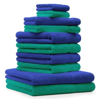 Betz 10 Piece Towel Set PREMIUM 100% Cotton 2 Wash Mitts 2 Guest Towels 4 Hand Towels 2 Bath Towels Colour: emerald green & royal blue
