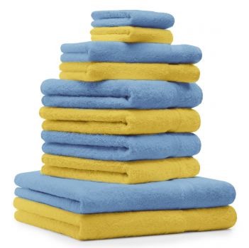 Betz 10-tlg. Handtuch-Set PREMIUM 100%Baumwolle 2 Duschtücher 4 Handtücher 2 Gästetücher 2 Waschhandschuhe Farbe Hell Blau & Gelb