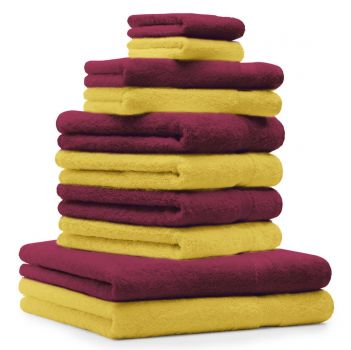 Betz Lot de 10 serviettes set de 2 serviettes de bain 4 serviettes de toilette 2 serviettes d'invité et 2 gants de toilette 100% Coton Premium couleur jaune, rouge foncé