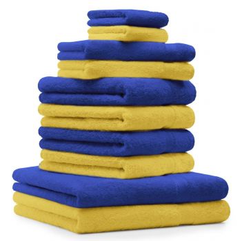 Betz Lot de 10 serviettes set de 2 serviettes de bain 4 serviettes de toilette 2 serviettes d'invité et 2 gants de toilette 100% Coton Premium couleur jaune, bleu royal