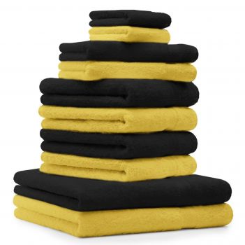 Betz Lot de 10 serviettes set de 2 serviettes de bain 4 serviettes de toilette 2 serviettes d'invité et 2 gants de toilette 100% Coton Premium couleur jaune, noir