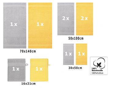 Betz 10 Piece Towel Set PREMIUM 100% Cotton 2 Wash Mitts 2 Guest Towels 4 Hand Towels 2 Bath Towels Colour: yellow & silver grey