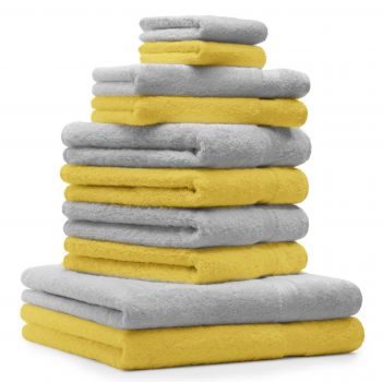 Betz 10 Piece Towel Set PREMIUM 100% Cotton 2 Wash Mitts 2 Guest Towels 4 Hand Towels 2 Bath Towels Colour: yellow & silver grey