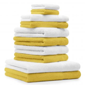 Betz 10 Piece Towel Set PREMIUM 100% Cotton 2 Wash Mitts 2 Guest Towels 4 Hand Towels 2 Bath Towels Colour: yellow & white