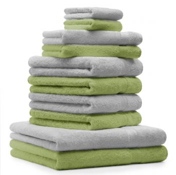 Betz Lot de 10 serviettes set de 2 serviettes de bain 4 serviettes de toilette 2 serviettes d'invité et 2 gants de toilette 100% Coton Premium couleur vert pomme, gris argenté