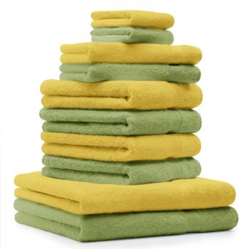 Betz Lot de 10 serviettes set de 2 serviettes de bain 4 serviettes de toilette 2 serviettes d'invité et 2 gants de toilette 100% Coton Premium couleur vert pomme, jaune