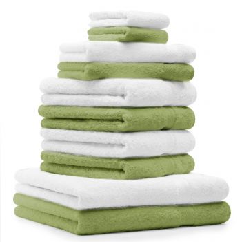 Betz Set di 10 asciugamani Premium 2 asciugamani da doccia 4 asciugamani 2 asciugamani per ospiti 2 guanti da bagno 100% cotone colore bianco e verde mela