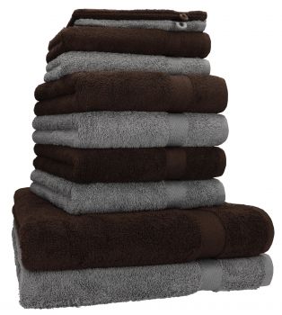 Betz 10 Piece Towel Set PREMIUM 100% Cotton 2 Wash Mitts 2 Guest Towels 4 Hand Towels 2 Bath Towels Colour: dark brown & anthracite grey