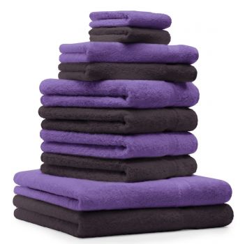 Betz Set di 10 asciugamani Premium 2 asciugamani da doccia 4 asciugamani 2 asciugamani per ospiti 2 guanti da bagno 100% cotone colore marrone scuro e lilla