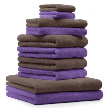 Betz 10-tlg. Handtuch-Set PREMIUM 100%Baumwolle 2 Duschtücher 4 Handtücher 2 Gästetücher 2 Waschhandschuhe Farbe Nuss Braun & Lila