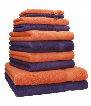 Betz 10-tlg. Handtuch-Set PREMIUM 100%Baumwolle 2 Duschtücher 4 Handtücher 2 Gästetücher 2 Waschhandschuhe Farbe Orange Terra & Lila