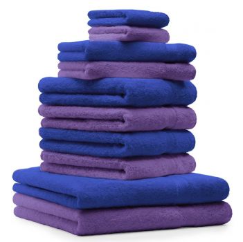Betz Set di 10 asciugamani Premium 2 asciugamani da doccia 4 asciugamani 2 asciugamani per ospiti 2 guanti da bagno 100% cotone colore blu reale e lilla
