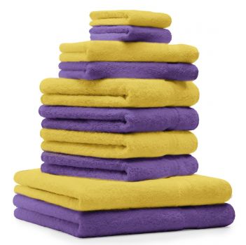 Betz 10 Piece Towel Set PREMIUM 100% Cotton 2 Wash Mitts 2 Guest Towels 4 Hand Towels 2 Bath Towels Colour: yellow & purple