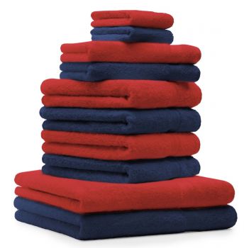 Betz Set di 10 asciugamani Premium 2 asciugamani da doccia 4 asciugamani 2 asciugamani per ospiti 2 guanti da bagno 100% cotone colore blu scuro e rosso