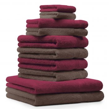 Betz Lot de 10 serviettes set de 2 serviettes de bain 4 serviettes de toilette 2 serviettes d'invité et 2 gants de toilette 100% Coton Premium couleur noisette, rouge foncé