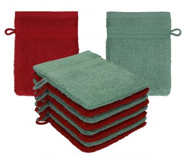 Betz set di 10 guanti da bagno PREMIUM 100 % cotone misure 16 x 21 cm rosso rubino - verde abete