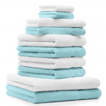 Betz Set di 10 asciugamani Premium 2 asciugamani da doccia 4 asciugamani 2 asciugamani per ospiti 2 guanti da bagno 100% cotone colore turchese e bianco