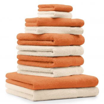 10-Pcs. Juego toallas "Premium", de color beige y melocoton ( peach) ,2 toallas de baño , 4 toallas de mano , 2 toallas de invitados, 2 manoplas