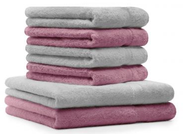 Juego de toalla "PREMIUM" de seis piezas, color gris argentado y rosa, calidad 470g/m², 2 toallas de baño (70x140cm), 4 toallas (50x100cm)