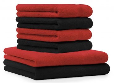 Set di 6 asciugamani di spugna Premium colore: nero e rosso, 2 asciugamani da doccia 70x140 cm, 4 asciugamani 50 x 100 cm, 100% puro cotone, Qualità 470 g/m²