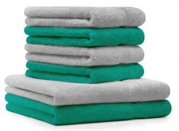 Set di 6 asciugamani di spugna Premium colore: grigio argento e verde smeraldo, 2 asciugamani da doccia 70x140 cm, 4 asciugamani 50 x 100 cm, 100% puro cotone, Qualità 470 g/m²