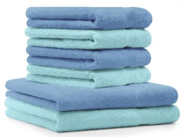 Set di 6 asciugamani di spugna Premium colore: azzuro e turchese, 2 asciugamani da doccia 70x140 cm, 4 asciugamani 50 x 100 cm, 100% puro cotone, Qualità 470 g/m²