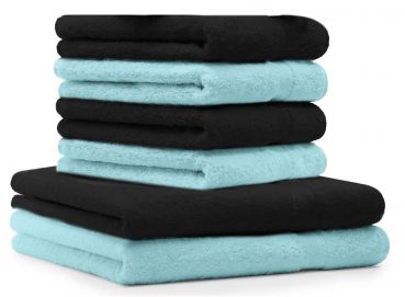 Juego de toalla "PREMIUM" de seis piezas, color negro y turquesa, calidad 470g/m², 2 toallas de baño (70x140cm), 4 toallas (50x100cm)