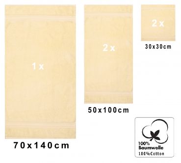 Set di 5 asciugamani della serie GOLD: 1 asciugamano da doccia 70 x 140 cm, 2 asciugamani 50 x 100 cm, 2 lavette 30 x 30 cm, colore: beige, qualità: 600 g/m²