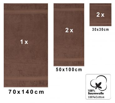 Set di 5 asciugamani della serie GOLD: 1 asciugamano da doccia 70 x 140 cm, 2 asciugamani 50 x 100 cm, 2 lavette 30 x 30 cm, colore: marrone noce, qualità: 600 g/m²