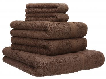 5 uds. Juego toallas GOLD  color : nuez ,  calidad 600 g / m², 1 toalla de baño 70 x 140 cm, 2 toallas de mano 50 x 100 cm y 2 toallas de cara  30 x 30 cm