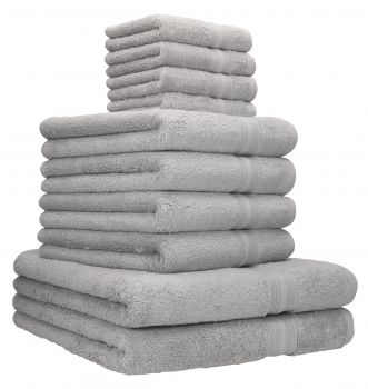 Betz Juego de 10 toallas GOLD calidad 600 g/m² 100% algodón 2 toallas de baño 4 toallas de lavabo 4 toallas faciales de color gris plata