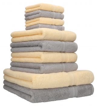 Set di 10 asciugamani della serie GOLD: 2 asciugamani da doccia 70 x 140 cm, 4 asciugamani 50 x 100 cm, 4 lavette 30 x 30 cm, colore: beige e grigio argento, qualità: 600 g/m²