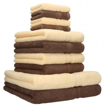 Set di 10 asciugamani della serie GOLD: 2 asciugamani da doccia 70 x 140 cm, 4 asciugamani 50 x 100 cm, 4 lavette 30 x 30 cm, colore: beige e marrone noce, qualità: 600 g/m²