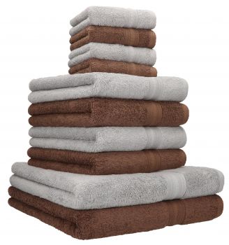 Betz Juego de 10 toallas GOLD calidad 600 g/m² 100% algodón 2 toallas de baño 4 toallas de lavabo 4 toallas faciales de color gris plata y marrón nuez