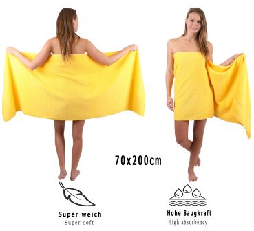 Lot de serviettes: 1 serviette à sauna 70 x 200 cm et 2 serviettes de toilette 50 x 100 cm, "Premium" jaune, qualité 470 g/m²