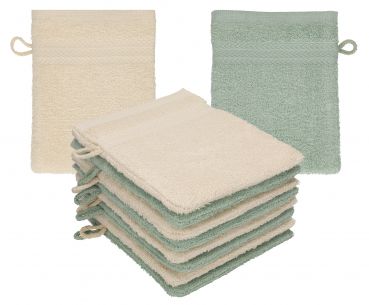 Betz 10 Stück Waschhandschuhe PREMIUM 100% Baumwolle Waschlappen Set 16x21 cm Farbe sand - heugrün